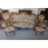 A late Victorian Continental walnut five piece parlour suite, settee is 110cm tall x 175cm x 80cm