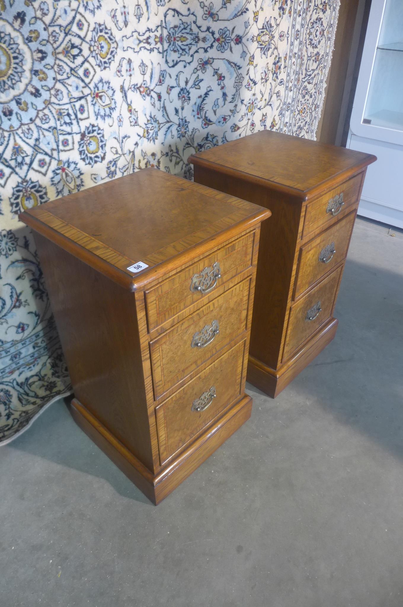 A pair of burr oak three drawer bedside chests made by a local craftsman to a high standard - Image 3 of 3