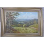 Montgomery Ansell, oil painting on canvas of hay making, signed to front, painting size 62cm x