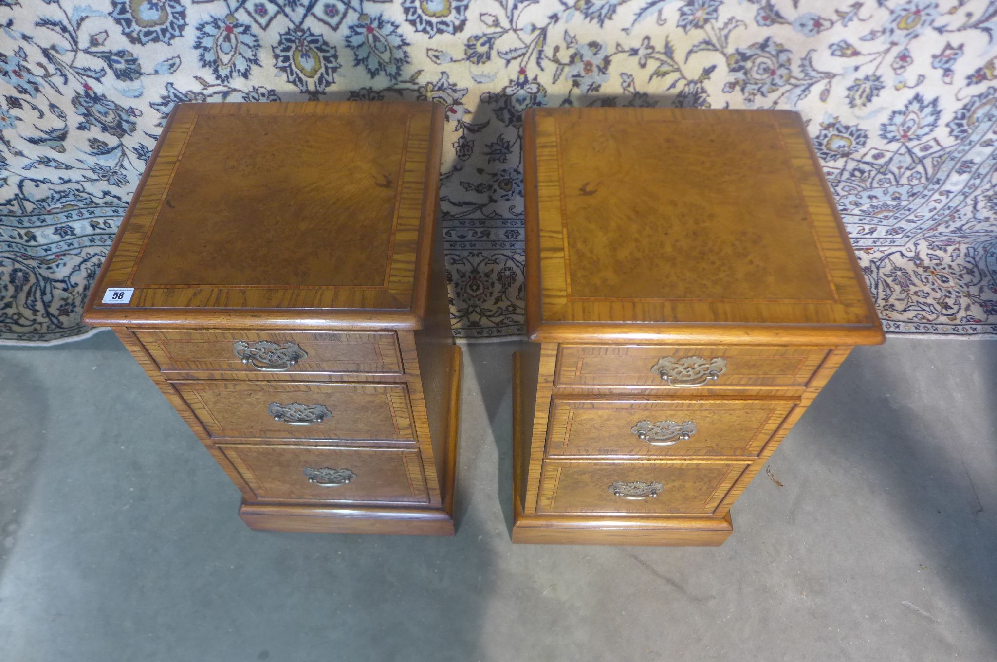 A pair of burr oak three drawer bedside chests made by a local craftsman to a high standard - Image 2 of 3