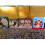 A group of four surrealist oil painted female portraits on board, unsigned, largest 51x41cm