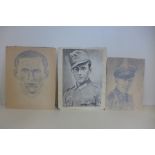 Three WWII sketches, two of German soldiers possibly prisoner of war, dated 43 and 44