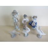A Lladro girl, three geese, a Nao figure and similar figure