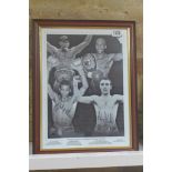 Framed, British World Champion boxing legends, signed by Nelson, McKenzie, Jones and Minter, with