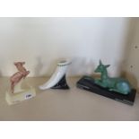 A Clarice Cliff Novota vase, a ceramic leaping dear, signed Osmond and an Art Deco painted spelter