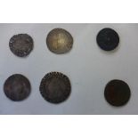 Four hammered coins, James I, 1604, Mary 1553-4 Groat, Elizabeth I six pence 1567 and Elizabeth I