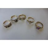 Five 9ct gold dress rings, approx total 10 grams, one ring cut, some wear to others