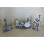 Three Lladro Jazz band figures, Jazz Duo, Jazz Drums and Jazz Bass, all good, with original boxes