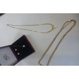 Two gold chains, approx 7.6 grams, and a 9ct pearl pendant and earring set