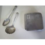 A silver cigarette case, a silver spoon and a plated sifter, silver weight approx 3.5 troy oz