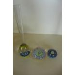 Two Millefoiri paperweights, 4cm and 6.5cm diameter, and a Millifiori bud vase, 20cm tall, all good,