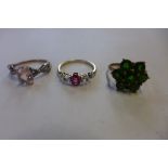 Three 9ct gold dress rings, sizes N O Q, total weight approx 7.5 grams, all in good condition