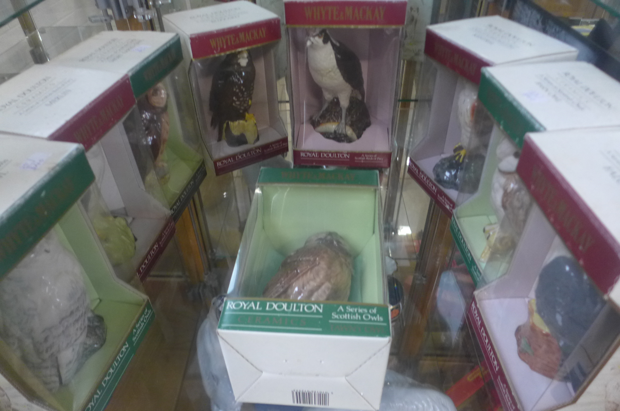 Nine boxed Royal Doulton Whyte and Mackay bird whisky decanters, with contents possible evaporation