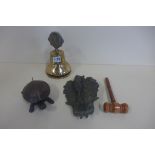 A turtle desk shop bell, dinner gong bell and masonic door knocker, shop bell needs attention