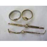 A 9ct bracelet ladies wristwatch, not working, approx 12 grams, and three other plated watches