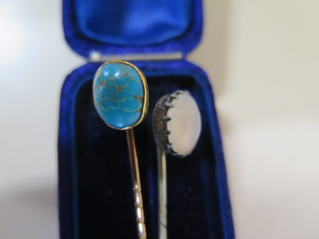 A gilt metal turquoise stick pin, and a moonstone pin - Image 2 of 2