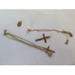 A 9ct cross and 9ct pearl pendant etc, and a rolled gold cross, 9ct weight approx 1.5 grams
