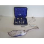 A Scottish silver server, a silver fork and spoon set, five boxed silver spoons and a silver