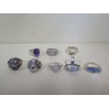 Eight silver dress rings, some with stones, hallmarked or stamped 925 but all tested as silver,