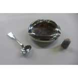 A silver ashtray, spoon and thimble, total weight approx 2.9 troy