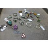 Nineteen silver rings, a pendant and a pair of earrings