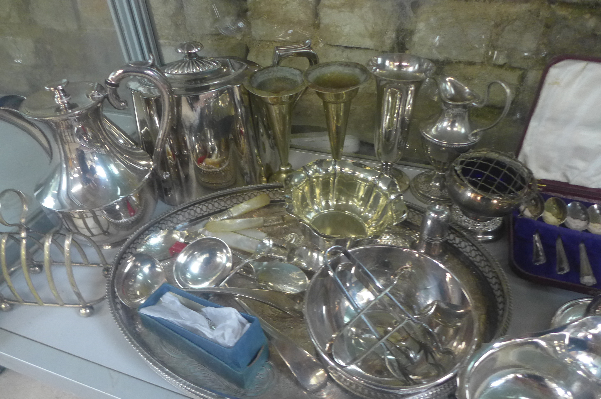 A collection of silver plated items, to include a four piece Walker and Hall tea set - some wear and - Image 4 of 4