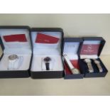 A ladies and gents Philip Mercier watch set and three boxed EON watches