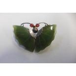 A white metal and jade butterfly brooch, width 48mm, in good condition