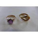 Two 9ct gold rings, sizes O, approx 5.5 grams, one set with two small diamonds, the other with an