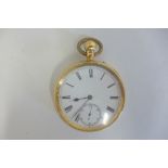 An 18ct yellow gold top wind pocket watch, 4.8cm wide, dial good, minor dents, running order,