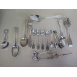 Assorted silver flatware, seventeen pieces and a plated souvenir spoon, approx 11.7 troy oz
