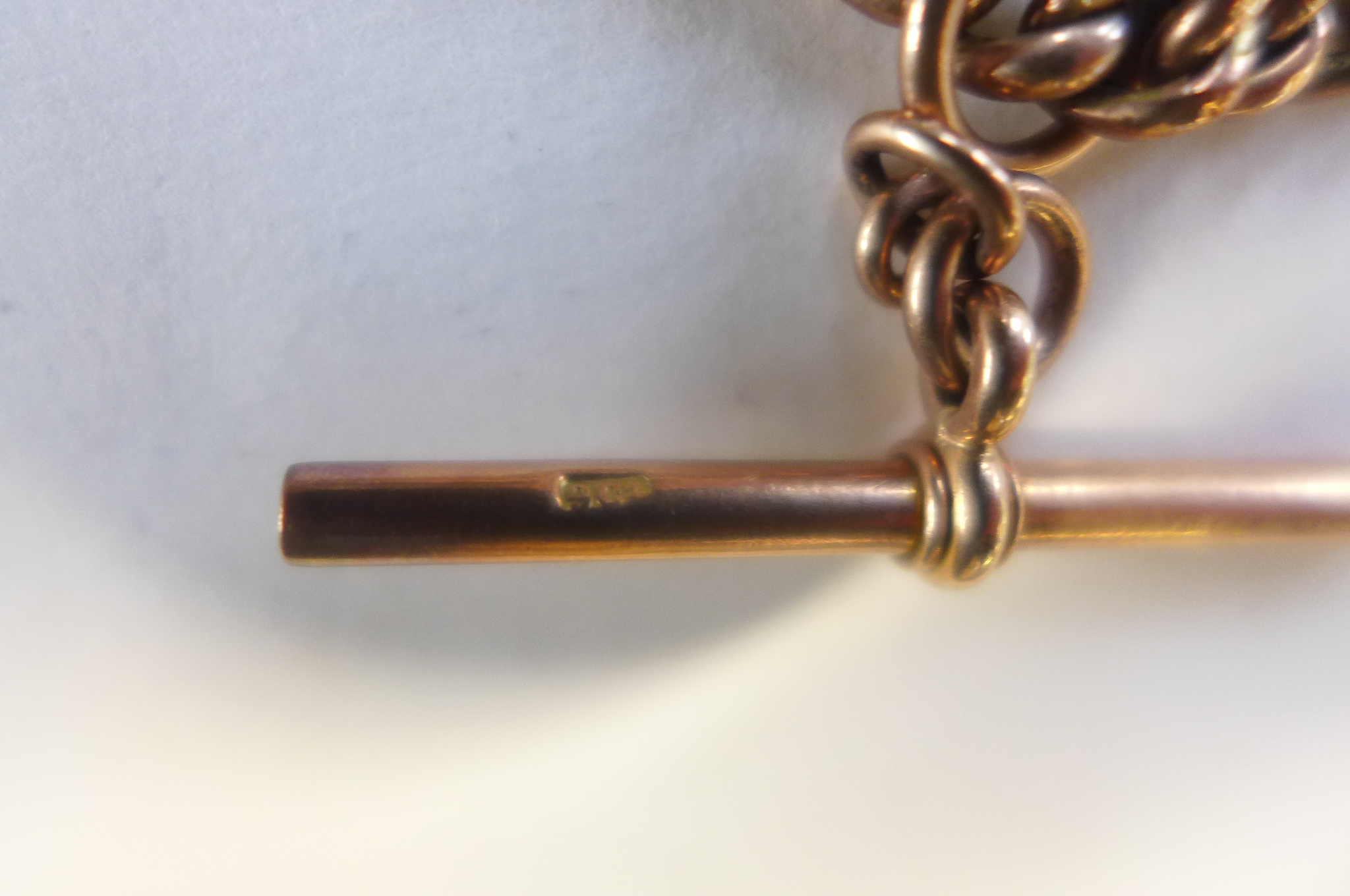 A 9ct rose gold double Albert watch chain, with running link T-bar, and 9ct compass fob, circular - Image 2 of 2