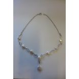 A silver pearl and white stone set necklace, 44cm long