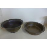 Two 19th century bronze Chinese temple bowls, 33x9cm and 33x15cm - both with patina