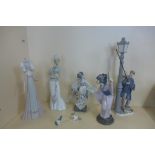 A Lladro figure lamp lighter, missing a thumb otherwise good, two Japanese girls, some chips and