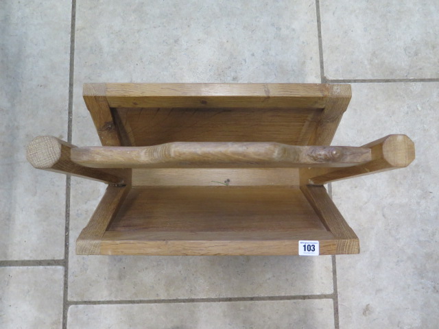 An oak magazine rack by Robert Mouseman Thompson of Kilburn with carved signature mouse - 46cm H x - Image 3 of 6