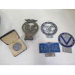 Four assorted vintage motoring car badges and a United British Empire medallion