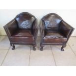 A good pair of leather upholstered club chairs with dwarf cabriole front legs on claw feet, 90cm