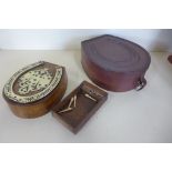 A late 19th century horseshoe shape oak games score box, carved bone markers and shaped leather