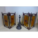 A pair of Victorian style coloured glass hanging lanterns, 31cm H x 19cm square