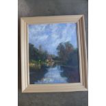 John Rohda oil painting on canvas, Iron Bridge Gorge, River Severn, in a natural wood frame, size