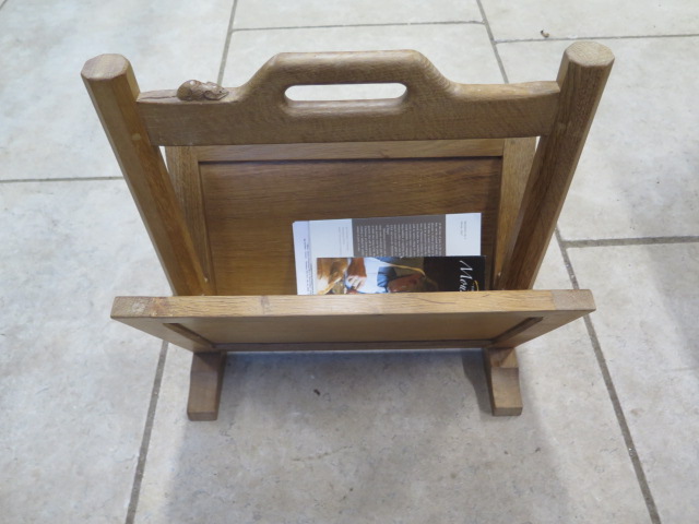 An oak magazine rack by Robert Mouseman Thompson of Kilburn with carved signature mouse - 46cm H x - Image 5 of 6