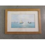 A framed and glazed watercolour, signed T J Watson, 1886 - The Fishing Fleet at Sea, St Ives