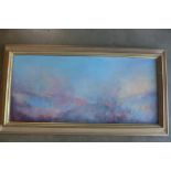 Abstract landscape in blue and pink, Maltese artist, oil on board, mounted in a painted and gilded