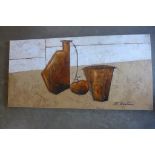 S Cootom - Italian artist, 'Copper jugs and Apple' still life, unframed, size 130x64 cm