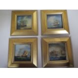 A set of four miniature oil painted seascapes, featuring 18th /early 19th century ships, painted