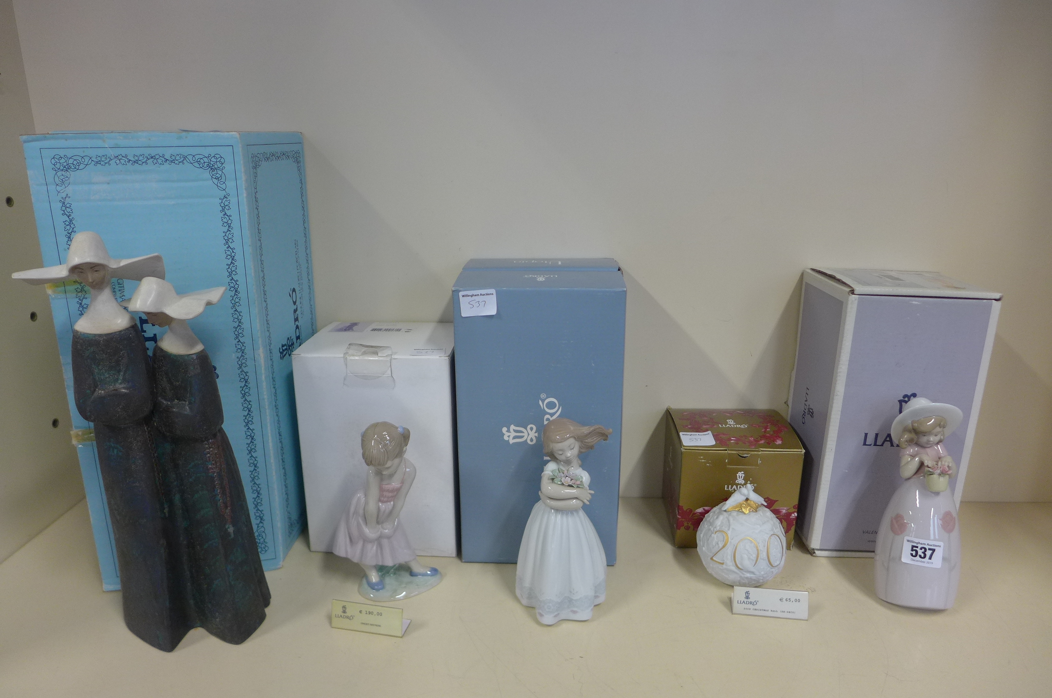 Four Lladro figures, Nuns, Tender Innocence, Sweet Shyness and Little Rose, also a 2008 Christmas