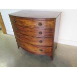 A Georgian mahogany and oak lined bow front four drawer chest, in recently restored condition, 100cm