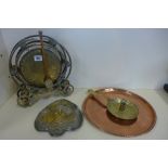 A Harold Holmes copper tray 33cm wide, a Benham and Froud gong, a brass candle holder and an Art