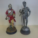 A painted spelter figure of a conquistador and a figure of a knight - 44cm tall